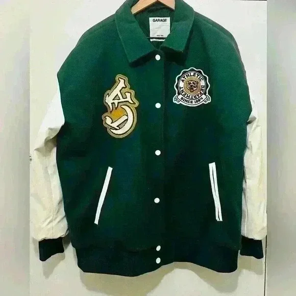Garage | Varsity Jacket, Size M/L, Green with ivory white faux leather sleeves - Picture 3 of 10